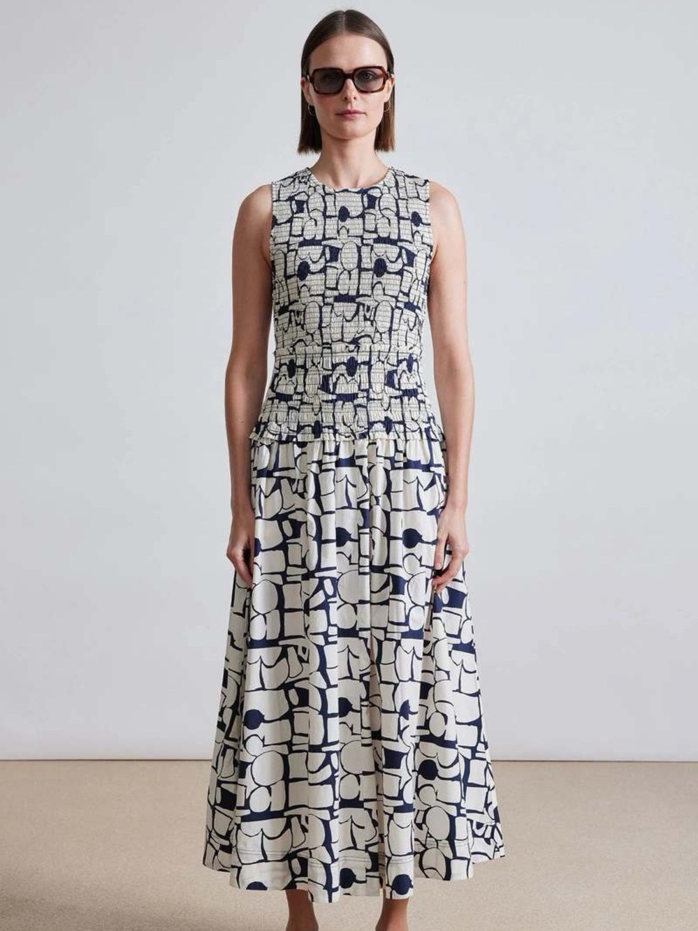 Apiece apart Siempre smocked dress abstract blue white S